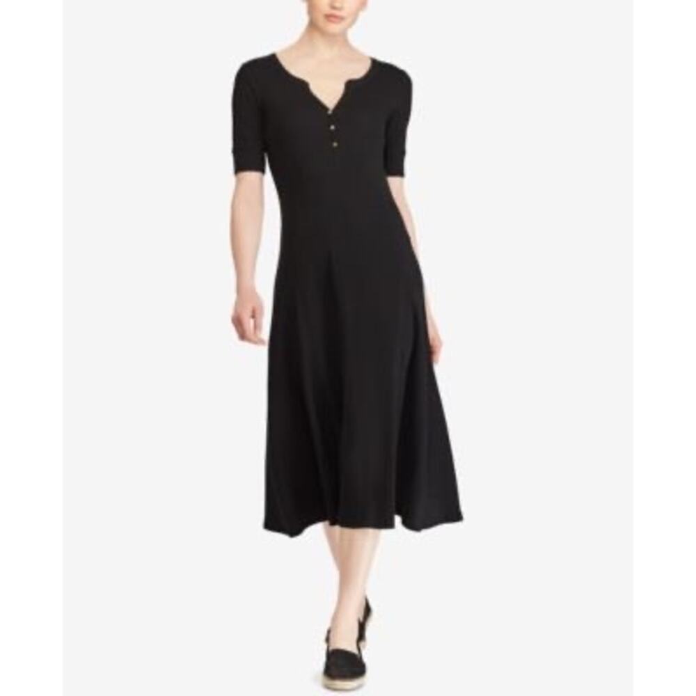 Lauren Ralph Lauren Waffle Knit Black Fit & Flare Dress New With Tags Petite SM